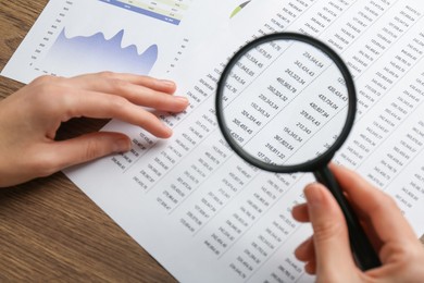 Photo of Woman looking at accounting document through magnifying glass at wooden table, closeup