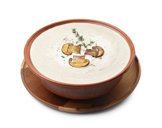 Fresh homemade mushroom soup in ceramic bowl isolated on white