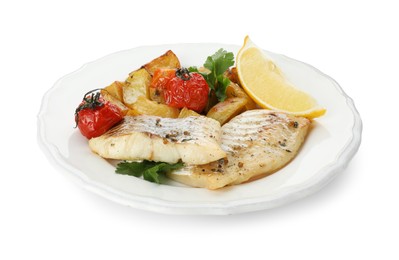 Tasty cod cooked with vegetables isolated on white