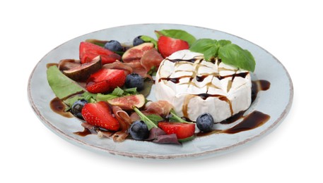 Plate of delicious salad with brie cheese, prosciutto, berries and balsamic vinegar isolated on white