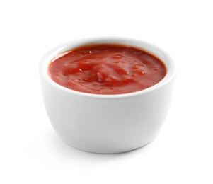 Delicious tomato sauce in bowl on white background