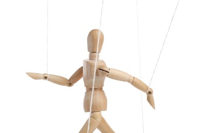 One wooden puppet with strings on white background
