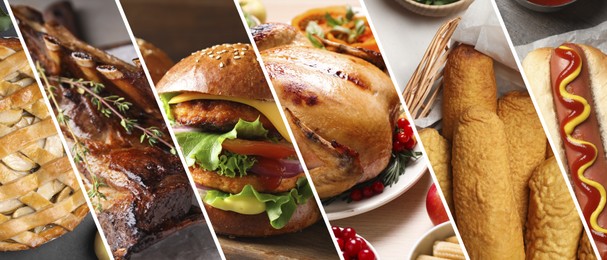 Image of Different tasty American dishes. Collage of apple pie, roasted ribs, burger, turkey, hot and corn dogs