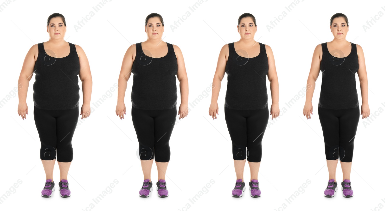 Image of Collage with photos of woman before and after weight loss diet on white background