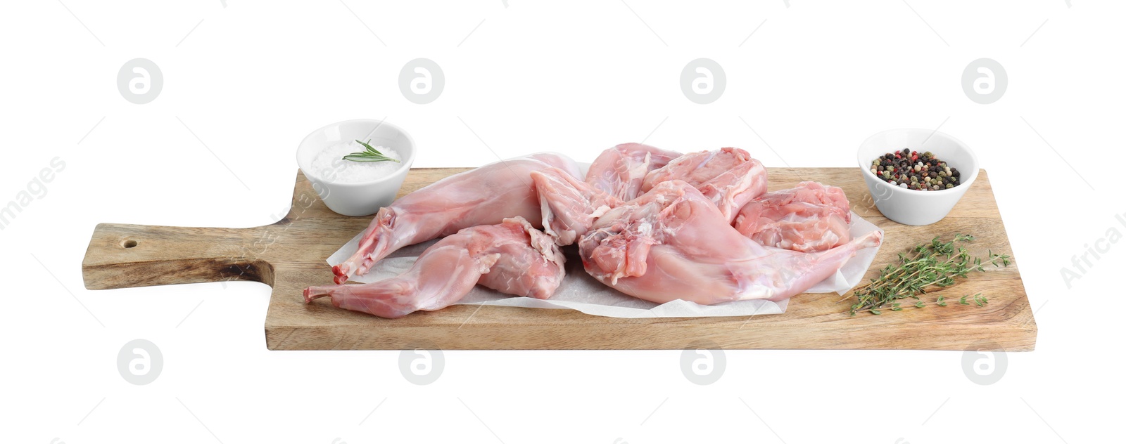 Photo of Fresh raw rabbit meat and spices isolated on white