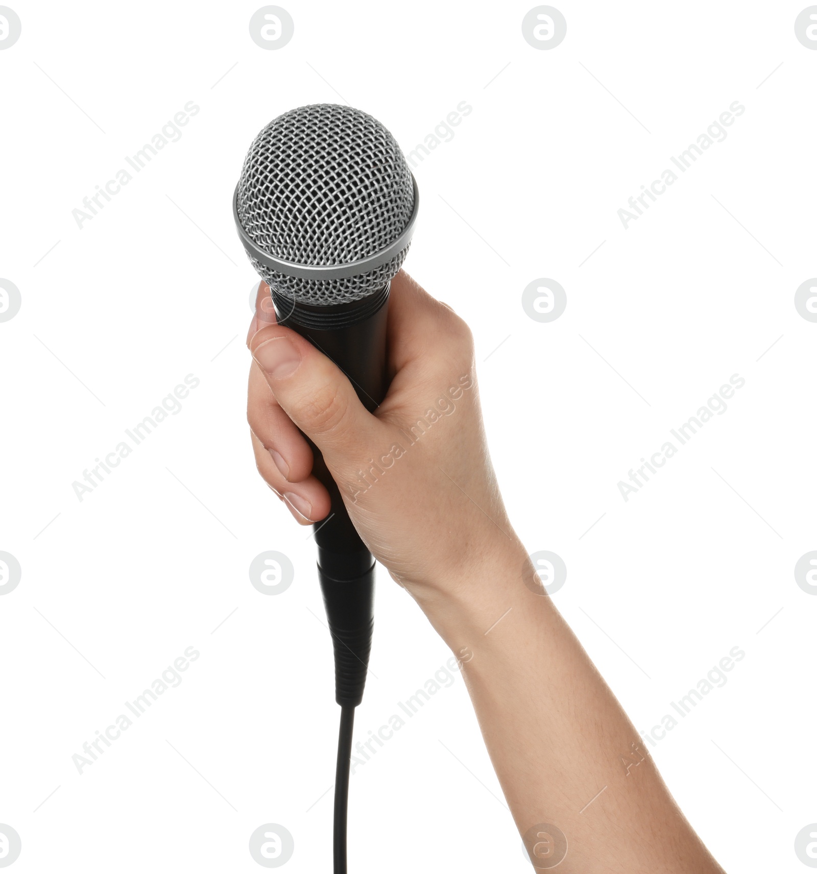 Photo of Woman holding dynamic microphone on white background, closeup