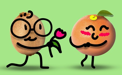 Image of Creative artwork. Romantic relationship. Kiwi boy presenting rose to grapefruit girl. Fruits with drawings on light green background
