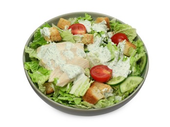 Bowl of delicious salad with Chinese cabbage, cucumber, meat and tomatoes isolated on white