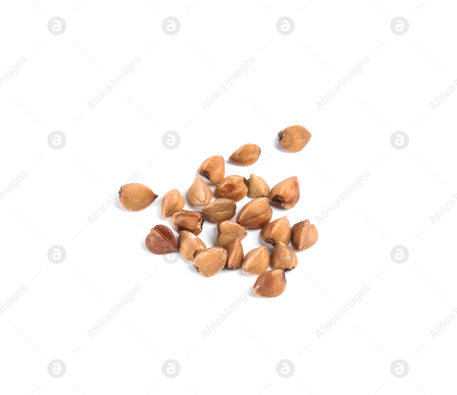 Photo of Uncooked buckwheat on white background. Healthy diet