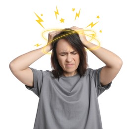 Mature woman having headache on white background. Illustration of lightnings representing severe pain