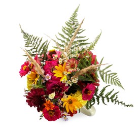 Photo of Bouquet of beautiful wild flowers isolated on white, top view