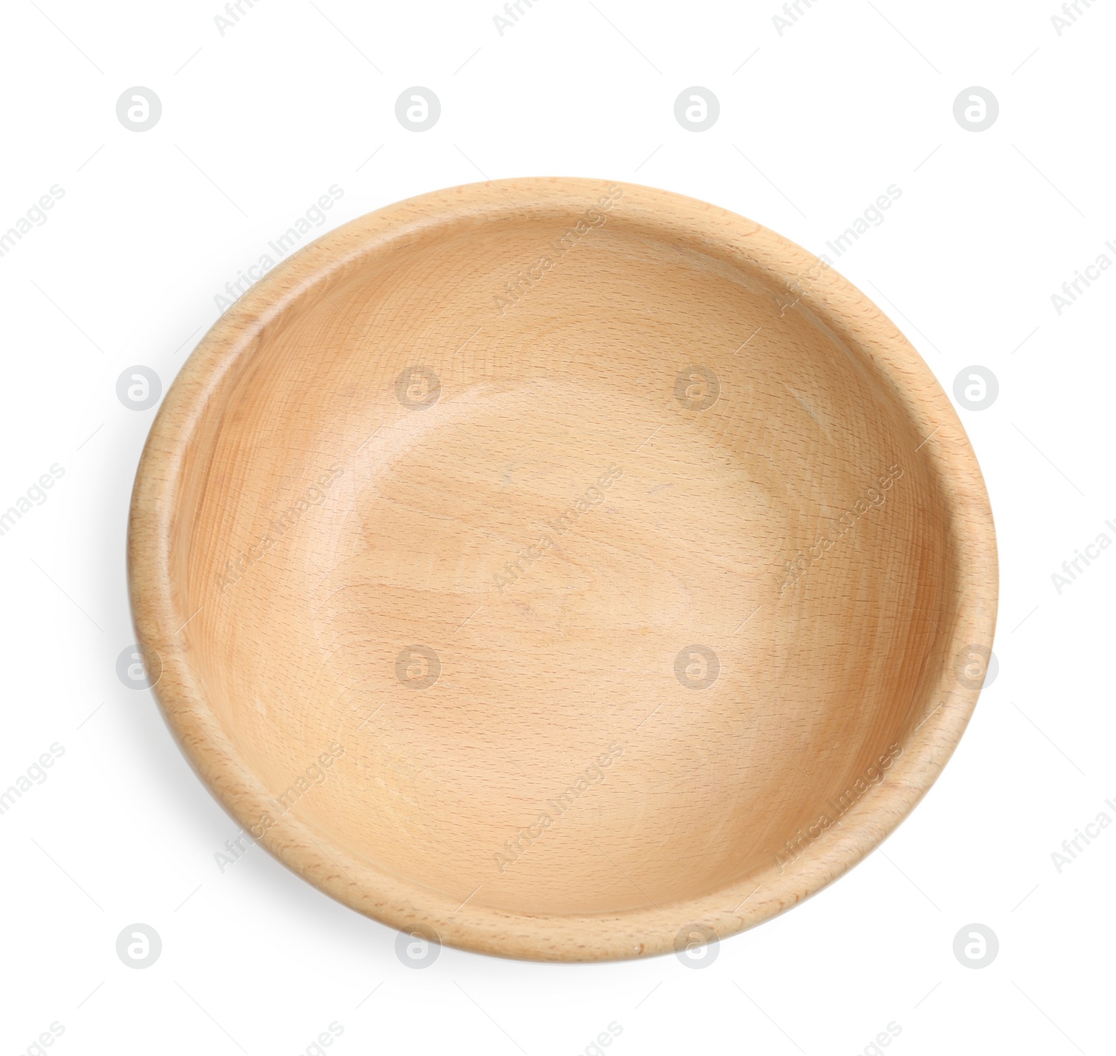 Photo of Wooden bowl isolated on white, above view. Cooking utensil