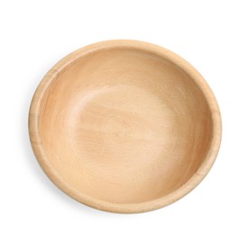 Wooden bowl isolated on white, above view. Cooking utensil