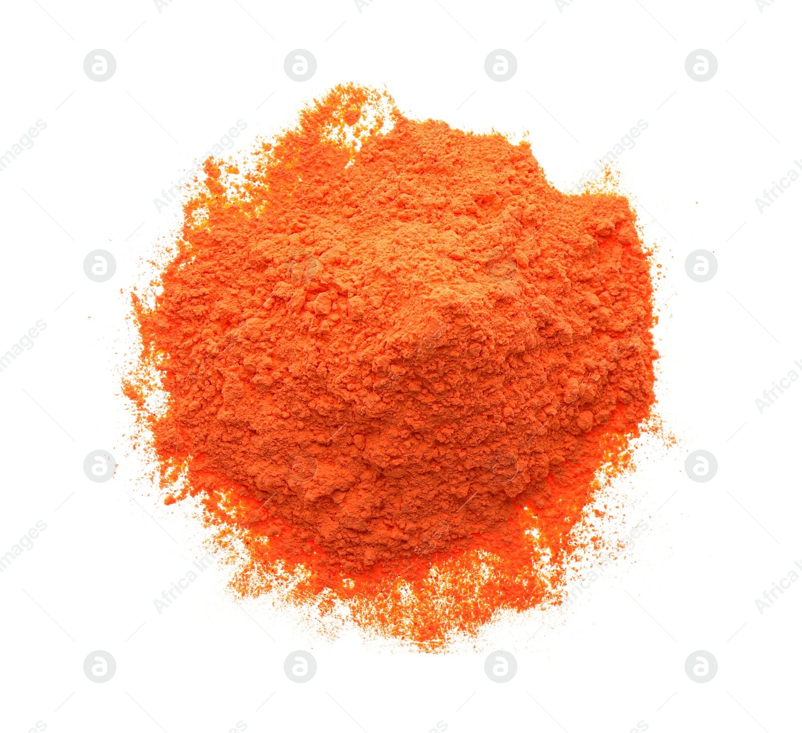 Photo of Pile of orange powder isolated on white, top view. Holi festival celebration