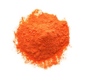Photo of Pile of orange powder isolated on white, top view. Holi festival celebration