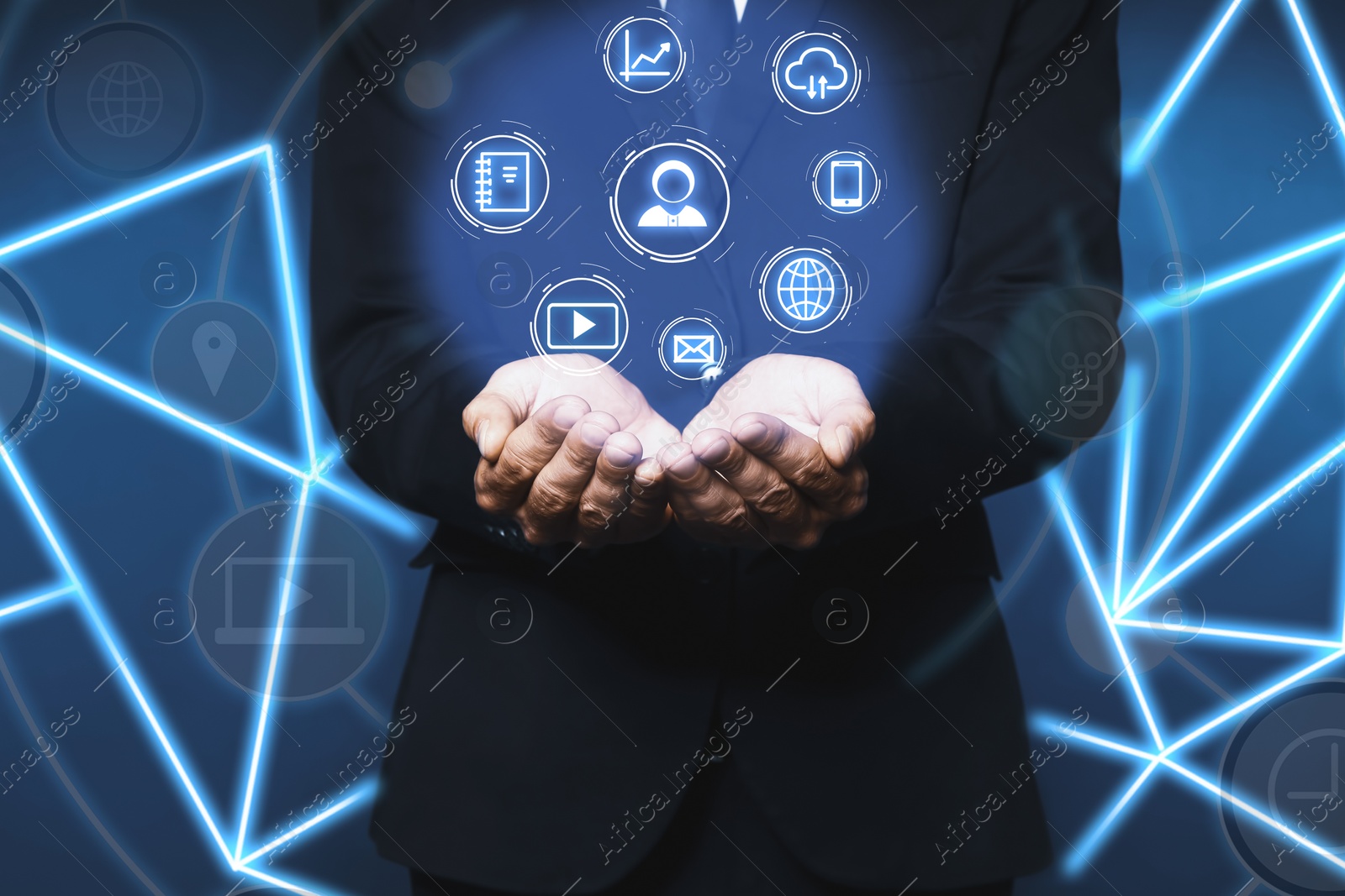 Image of Man demonstrating icons of data management system, closeup