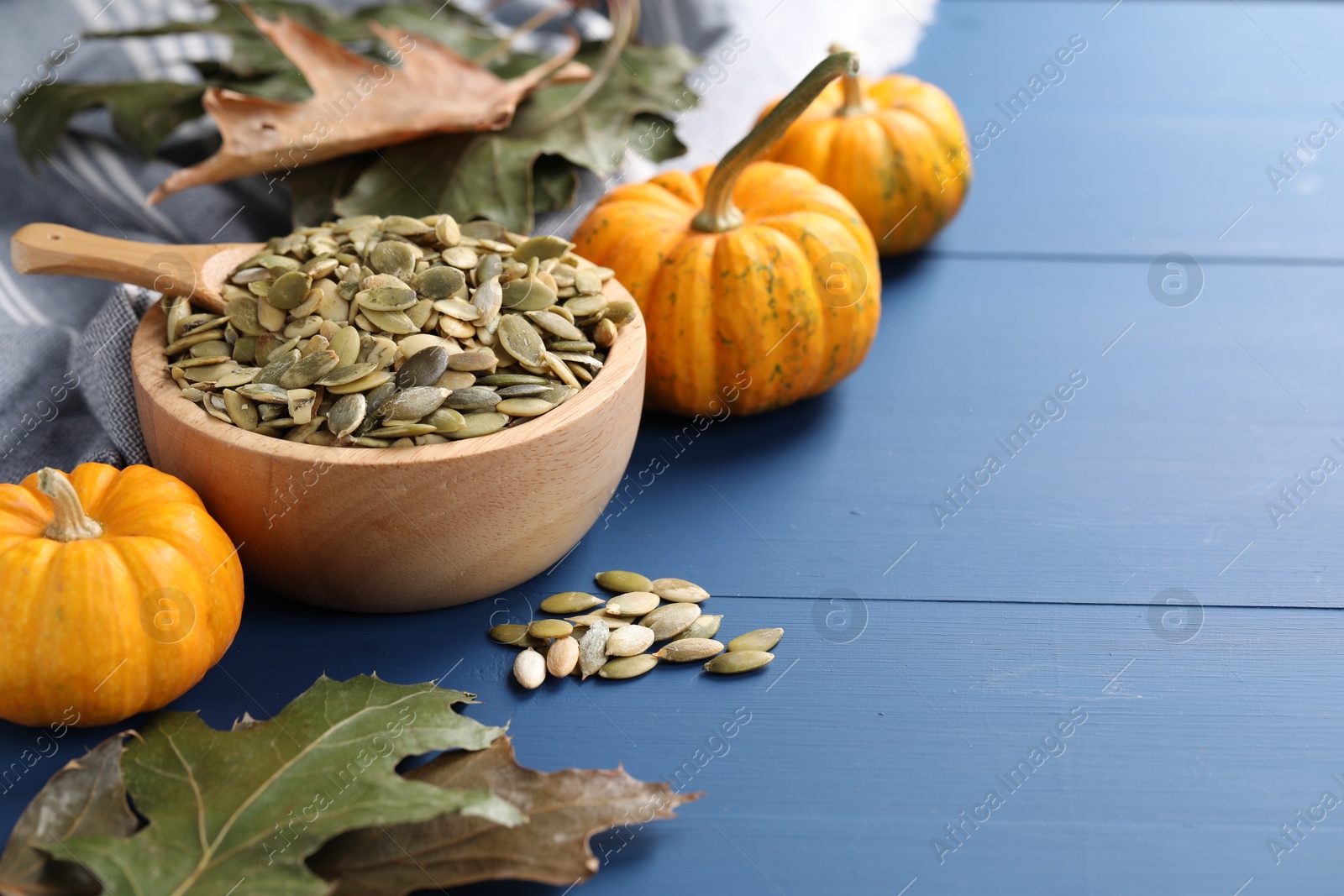 Photo of Bowl with seeds, fresh pumpkins and dry leaves on blue wooden table. Space for text