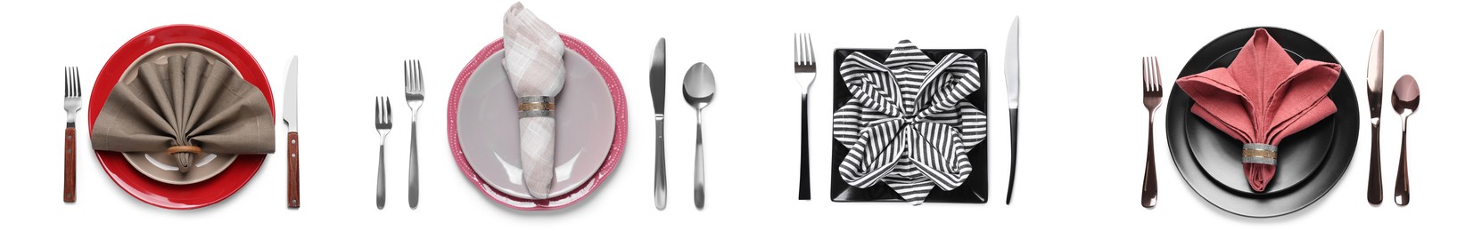 Image of Set with examples of different beautiful table settings on white background, top view. Banner design