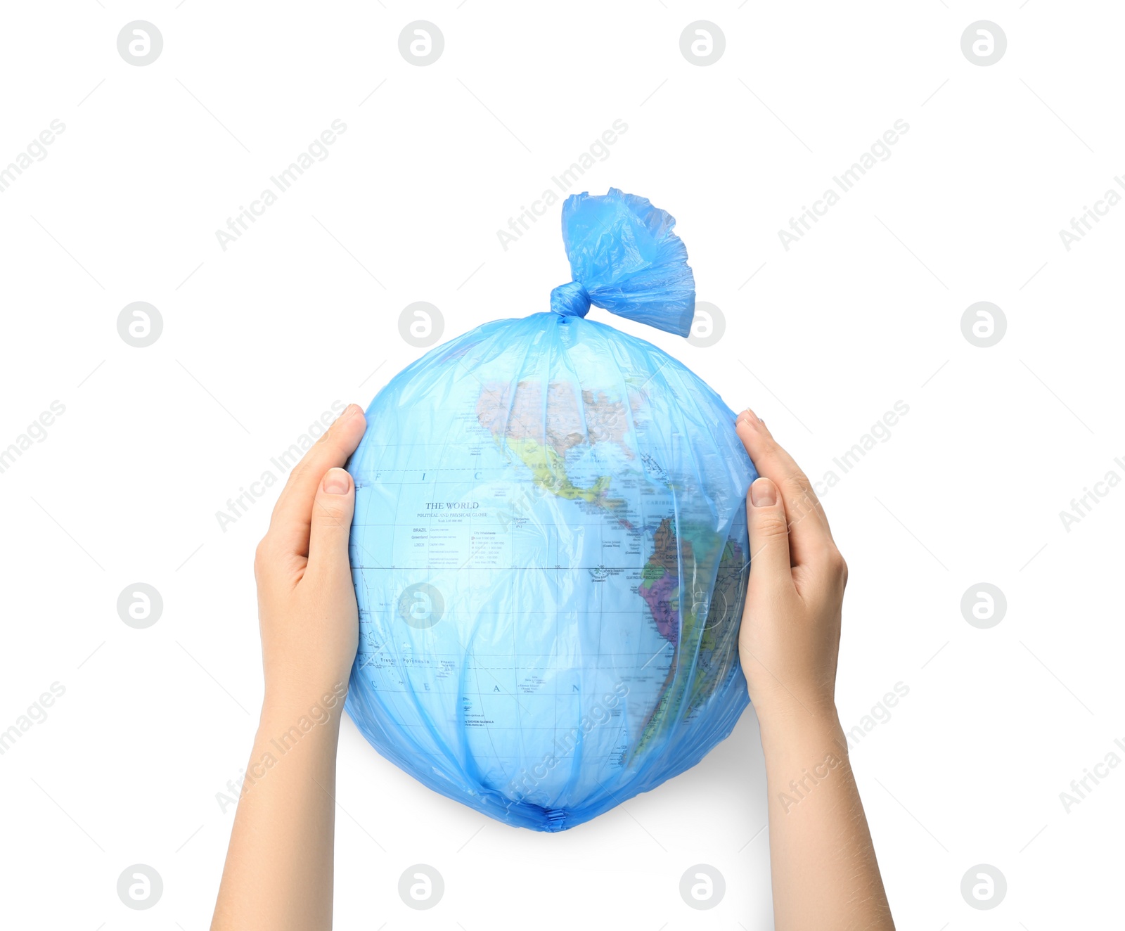 Photo of Woman holding globe in plastic bag on white background, closeup. Environmental protection concept