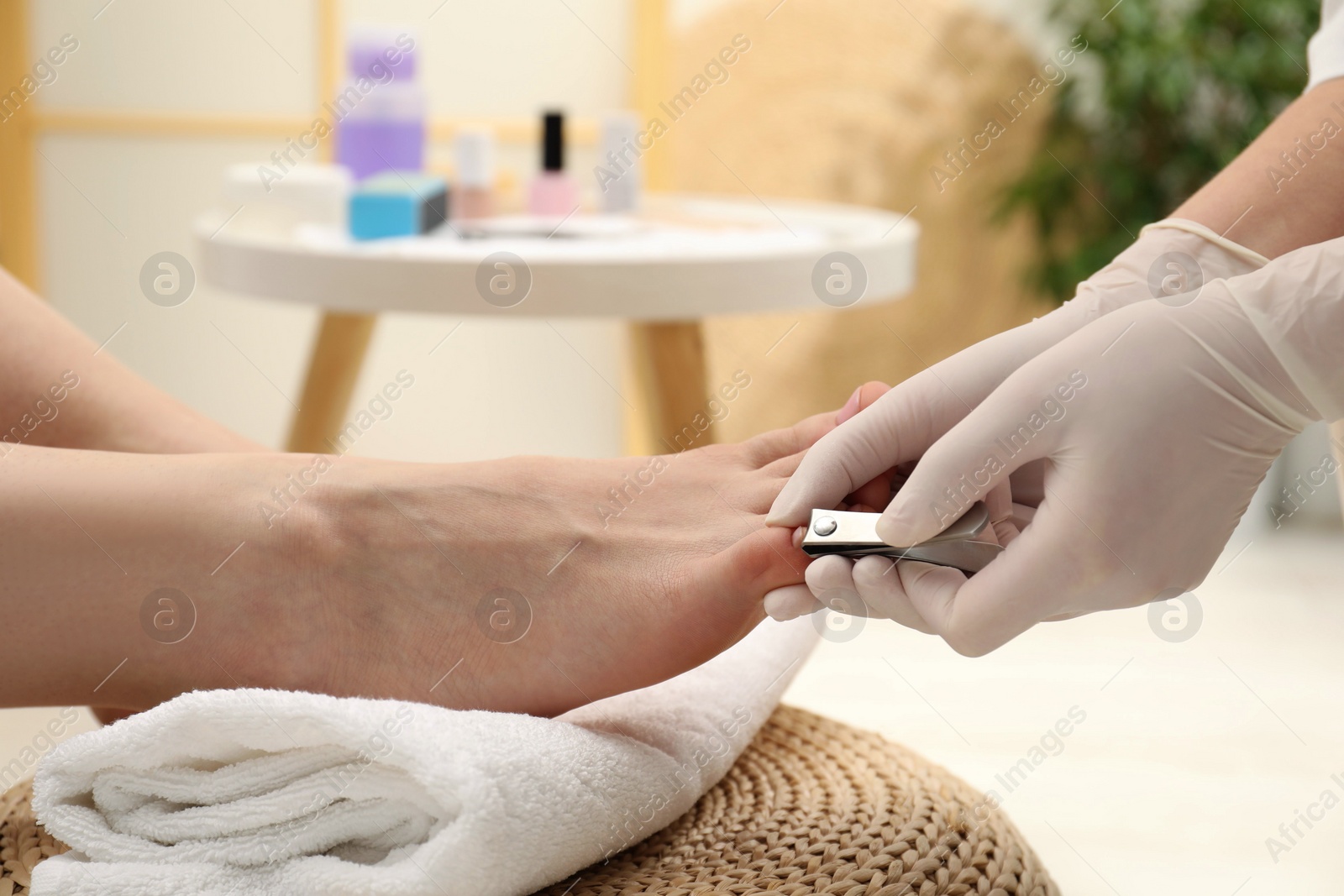 Photo of Professional pedicurist cutting client`s toenails with clipper in beauty salon, closeup