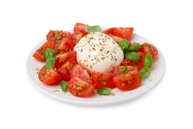 Tasty salad Caprese with mozarella, tomatoes and basil on white background