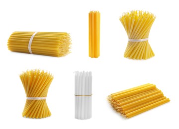 Image of Collage with different church candles on white background