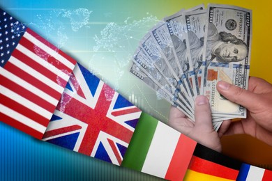 Image of Foreign exchange market. Double exposure of man holding money, digital world map and flags of different countries, closeup