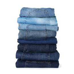 Stack of different jeans isolated on white