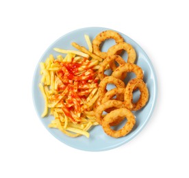 Photo of Tasty fried onion rings and french fries with ketchup isolated on white, top view