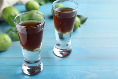 Photo of Delicious liqueur and green walnuts on light blue wooden table, closeup. Space for text