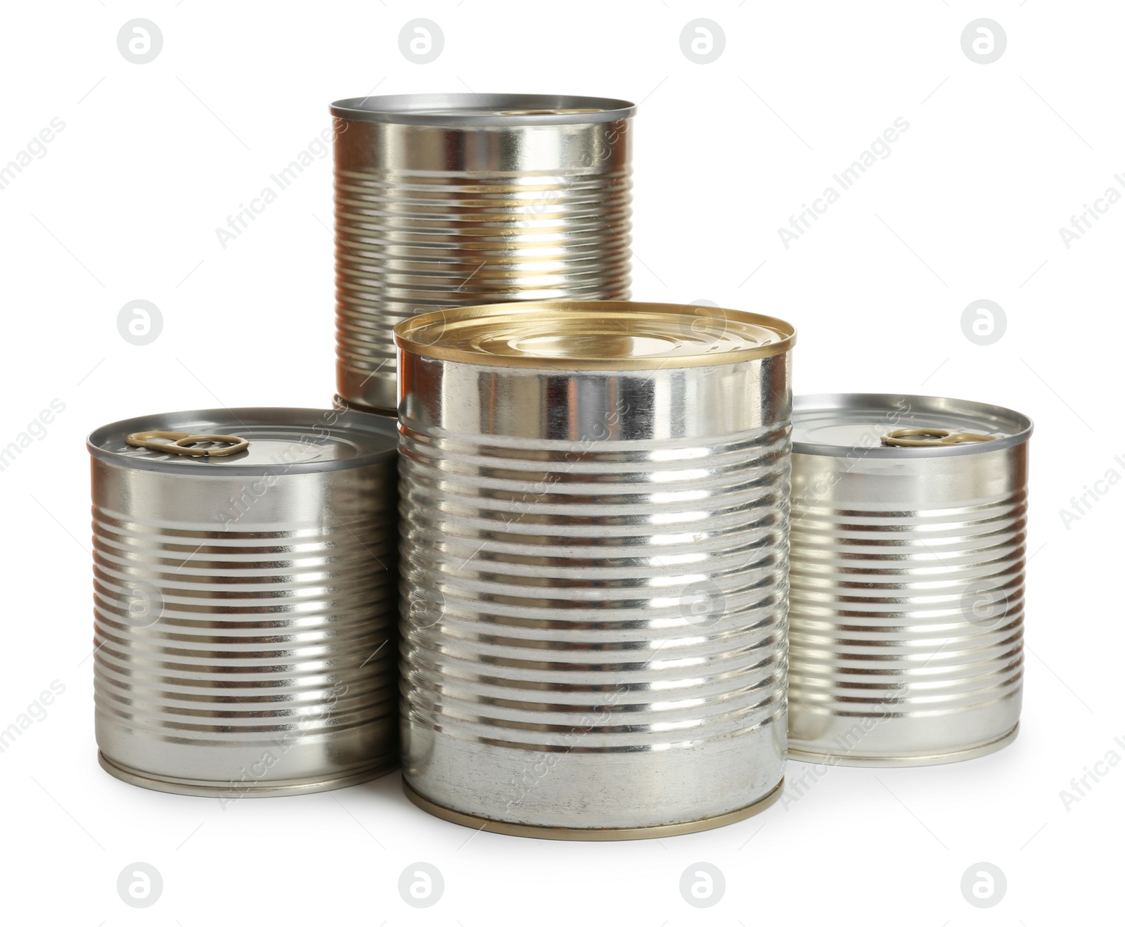 Photo of Many closed tin cans isolated on white, mockup for design