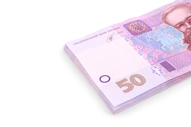 Photo of 50 Ukrainian Hryvnia banknotes on white background