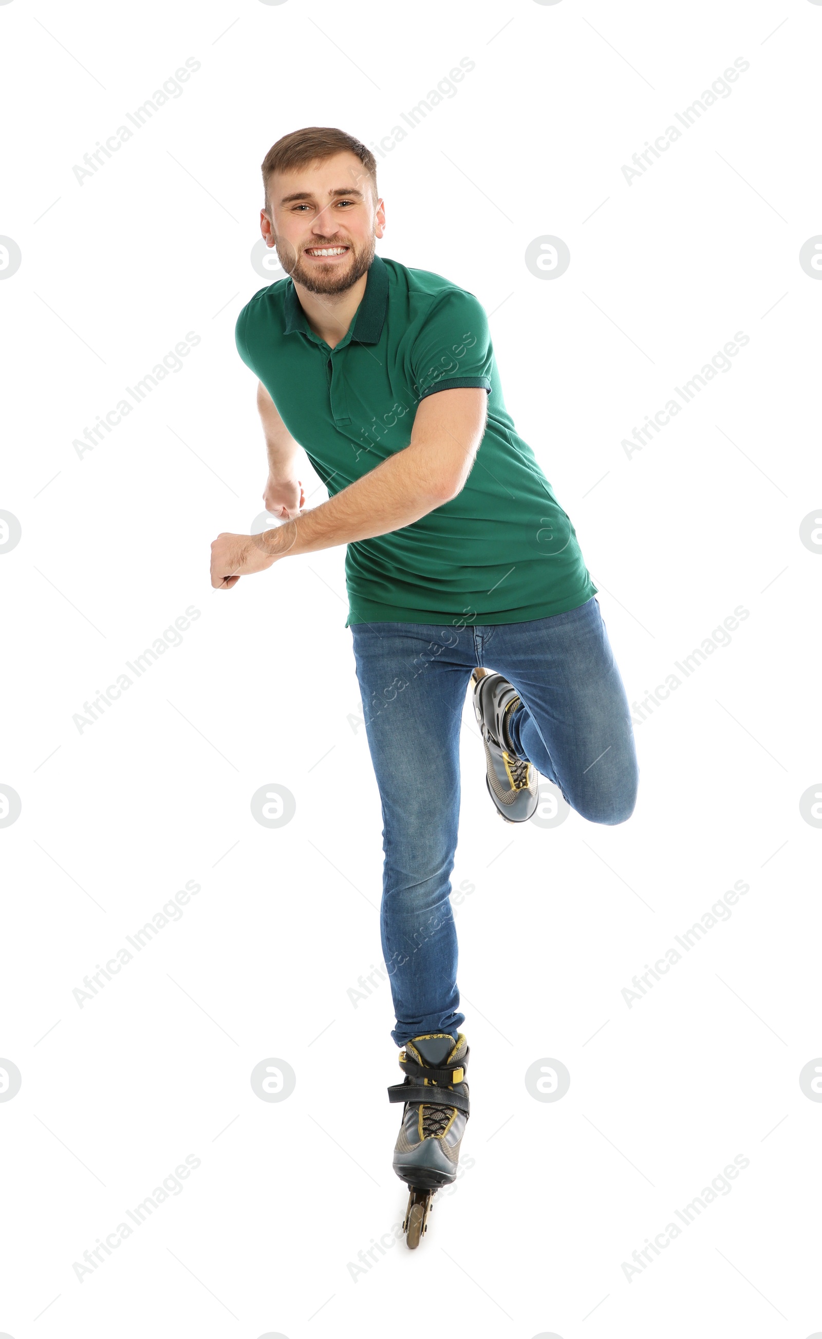 Photo of Young man with inline roller skates on white background