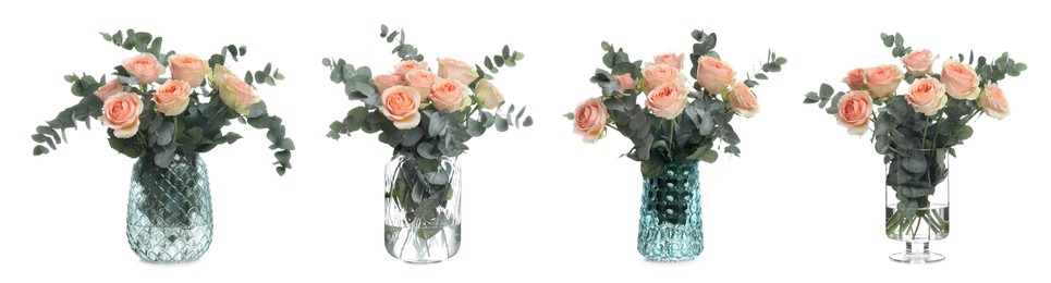 Image of Collage of stylish vases with beautiful bouquets on white background