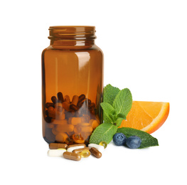 Photo of Bottle with vitamin pills, orange, blueberries and mint on white background
