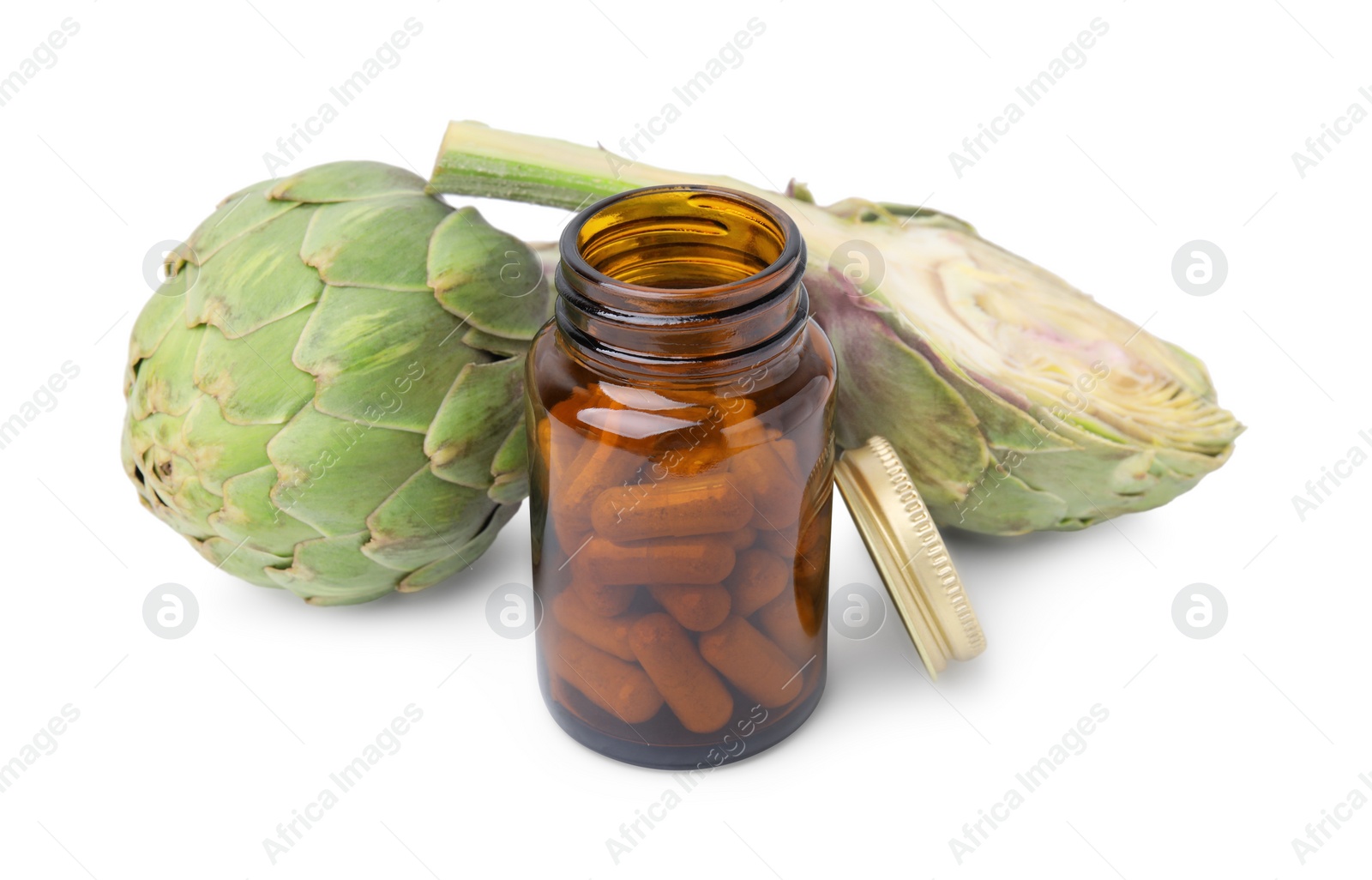 Photo of Fresh artichokes and bottle of pills isolated on white