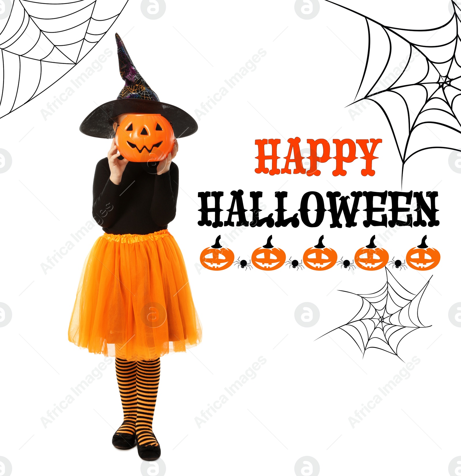 Image of Happy Halloween greeting card design. Little girl dressed as witch with pumpkin candy bucket background