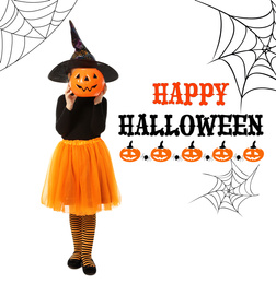 Happy Halloween greeting card design. Little girl dressed as witch with pumpkin candy bucket background