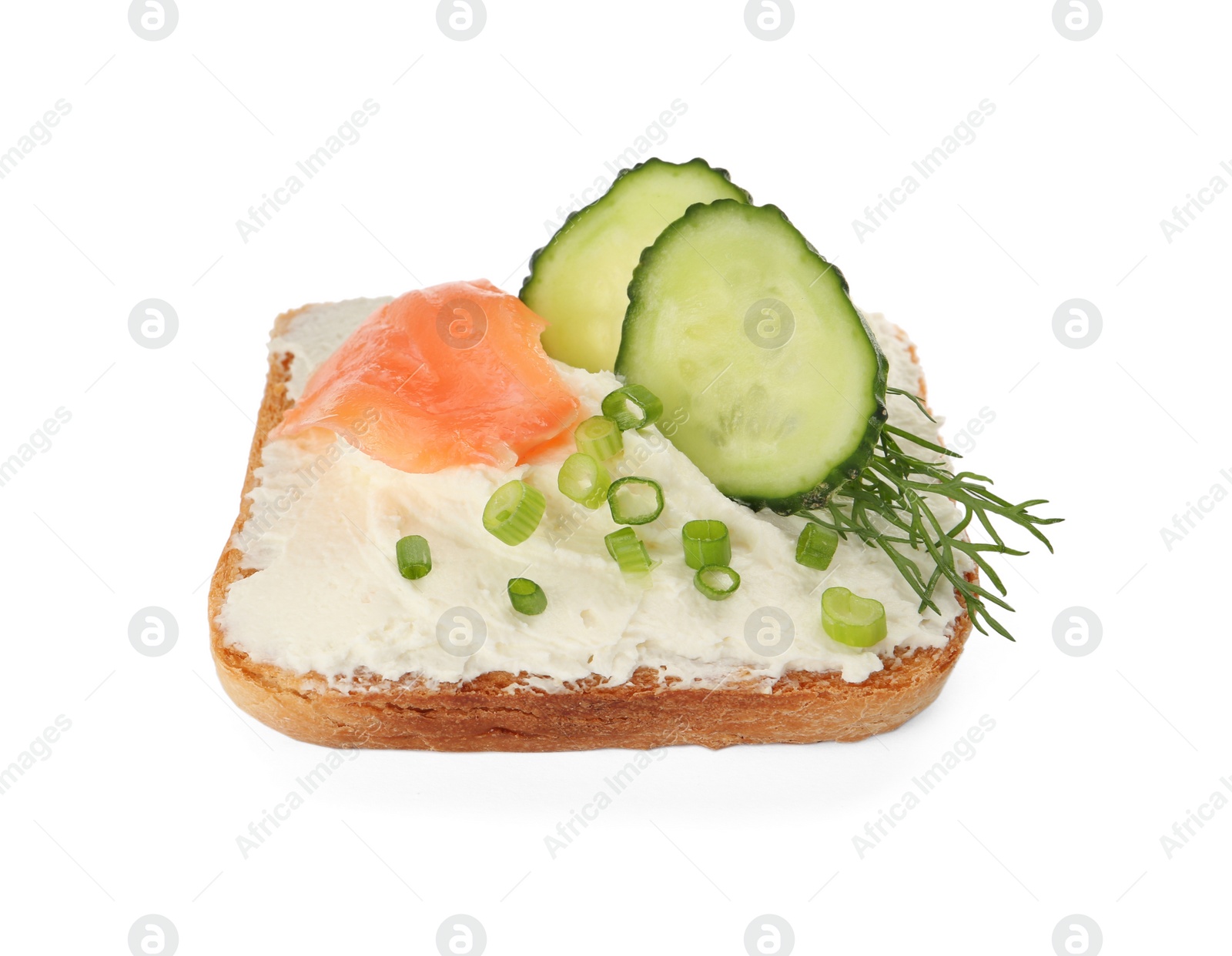 Photo of Delicious sandwich with cream cheese, salmon, cucumber and herbs isolated on white