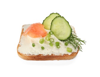 Delicious sandwich with cream cheese, salmon, cucumber and herbs isolated on white