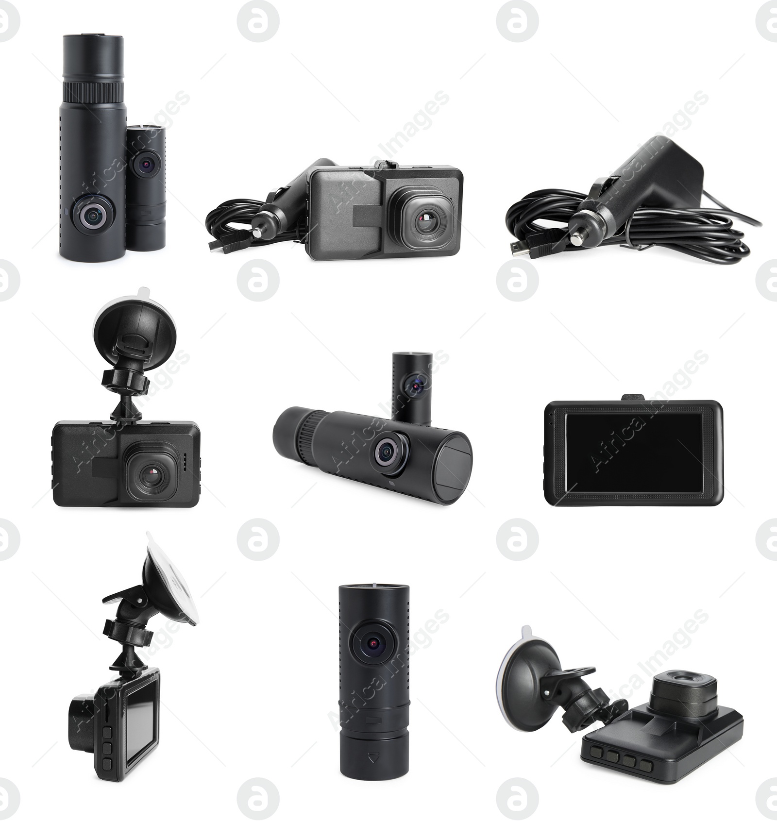 Image of Set with modern car cameras on white background 