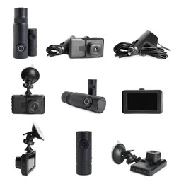 Set with modern car cameras on white background 