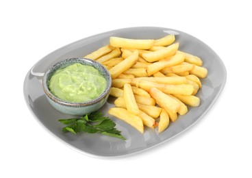 Plate with delicious french fries, avocado dip and parsley isolated on white