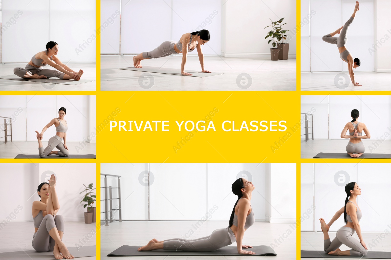 Image of Collage of women practicing different poses and text Private Yoga Classes