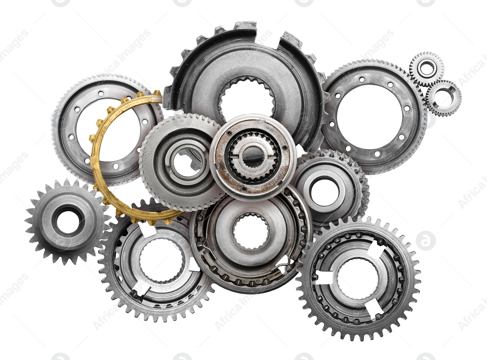 Image of Set with different stainless steel gears on white background, top view