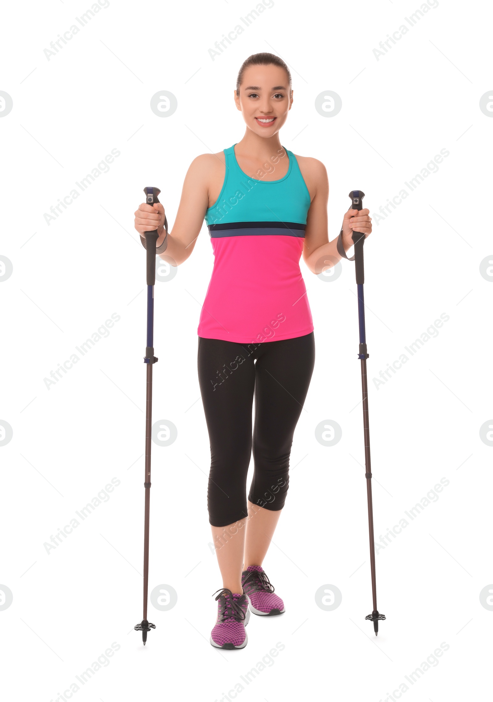 Photo of Woman with poles for Nordic walking isolated on white