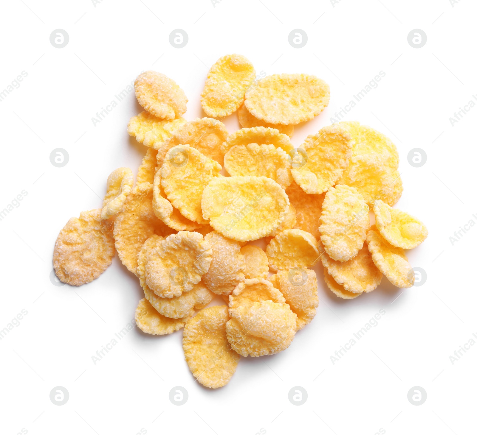 Photo of Heap of tasty crispy corn flakes isolated on white, top view