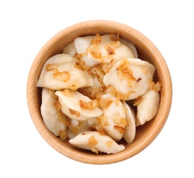 Delicious cooked dumplings in wooden bowl on white background, top view