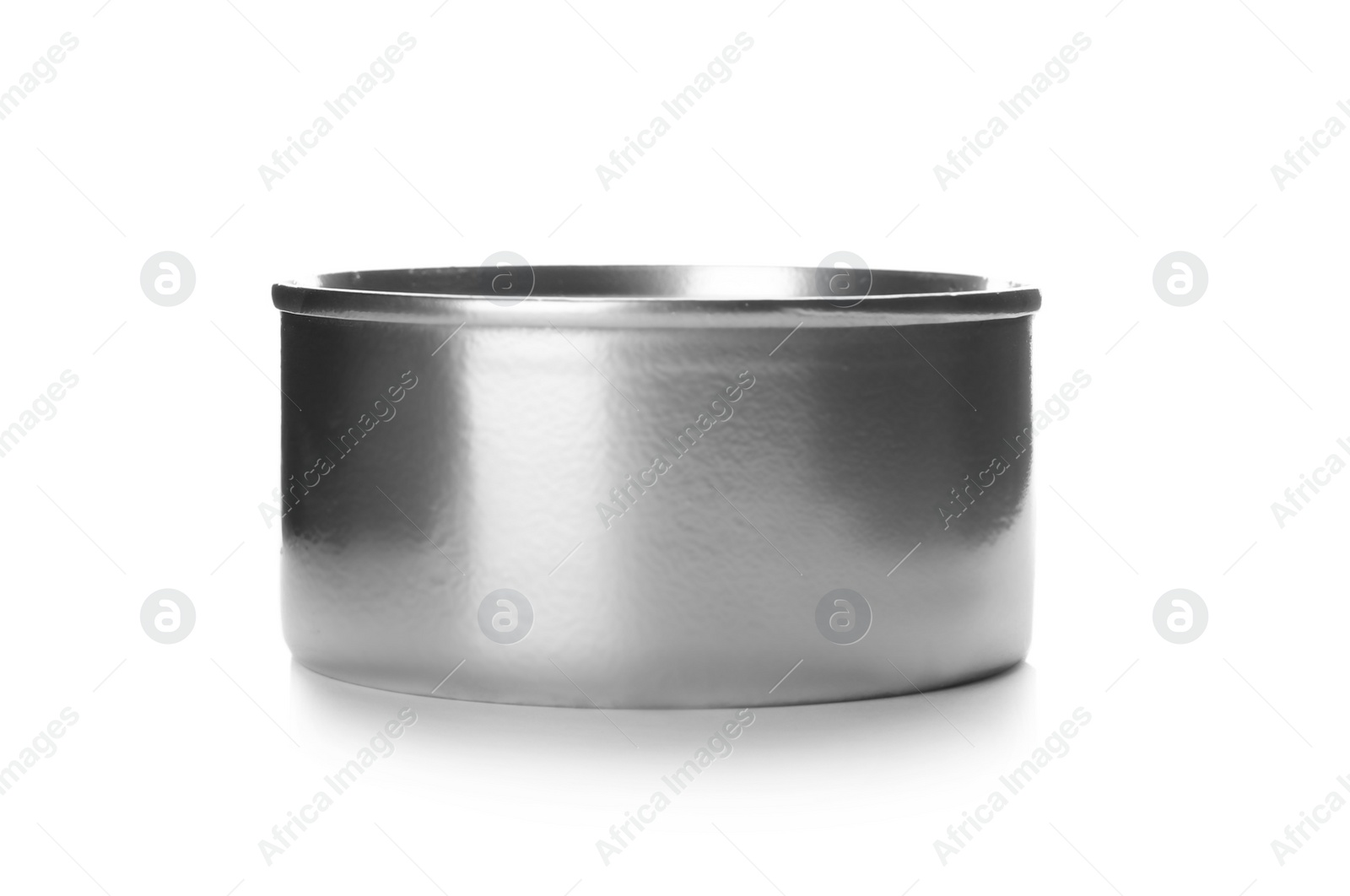 Photo of Mockup of tin can with food on white background