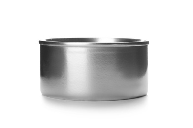 Photo of Mockup of tin can with food on white background